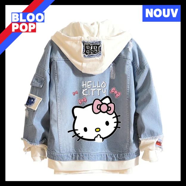 Anime Sanrio Denim Bomber Veste Hello Kitty Jeans à capuche Sweat-shirt Unisexe Trou déchiré Cosplay Sweat à capuche Veste en jean à manches longues