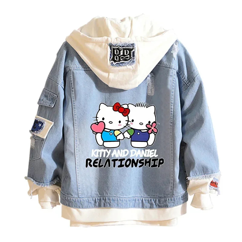 Anime Sanrio Denim Bomber Veste Hello Kitty Jeans à capuche Sweat-shirt Unisexe Trou déchiré Cosplay Sweat à capuche Veste en jean à manches longues