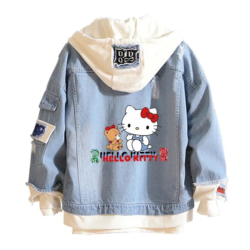Anime Sanrio Denim Bomber Veste Hello Kitty Jeans à capuche Sweat-shirt Unisexe Trou déchiré Cosplay Sweat à capuche Veste en jean à manches longues