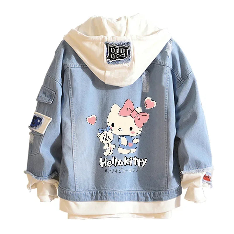 Anime Sanrio Denim Bomber Veste Hello Kitty Jeans à capuche Sweat-shirt Unisexe Trou déchiré Cosplay Sweat à capuche Veste en jean à manches longues