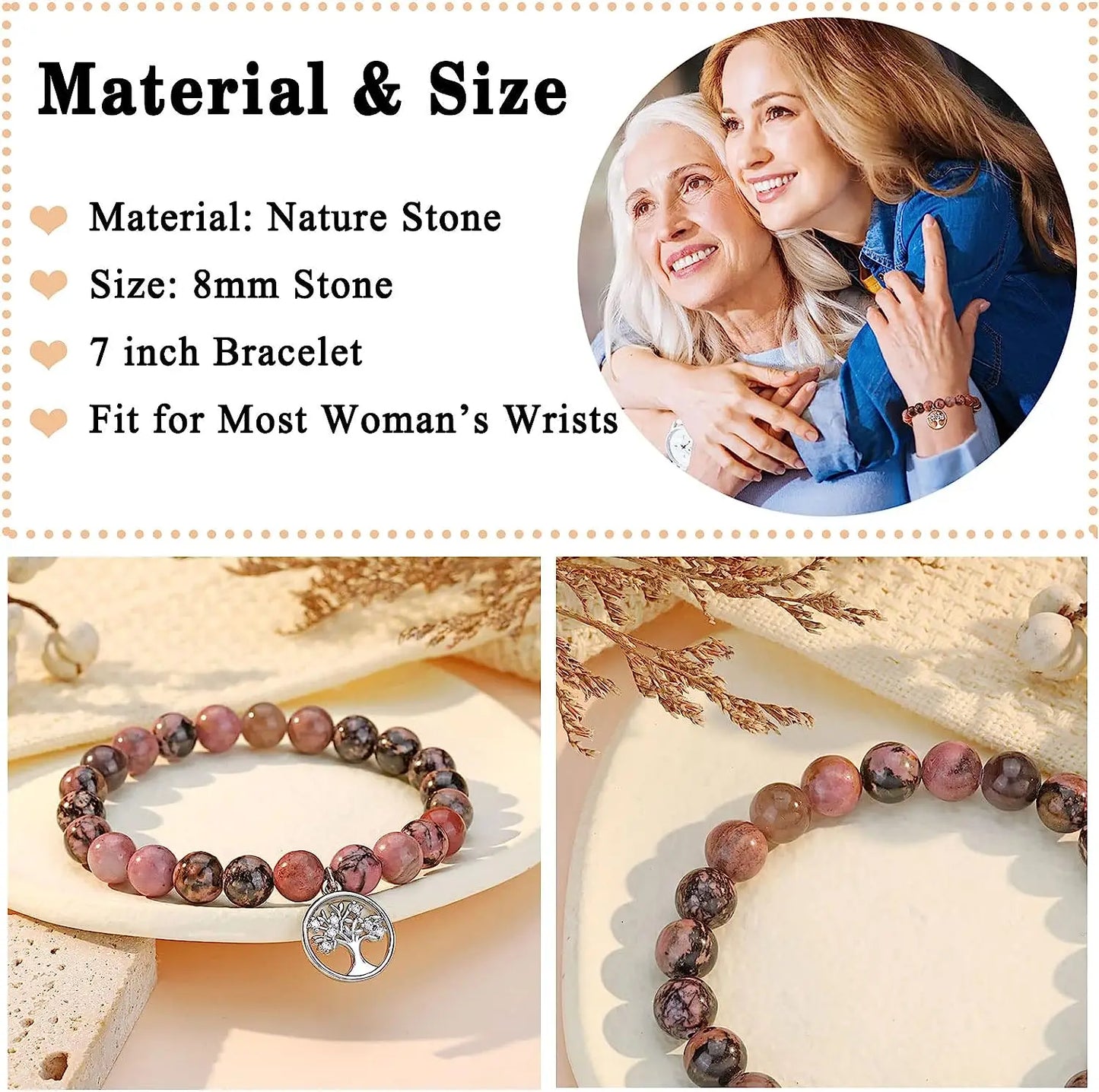 Bracelet en Agate violette, carte d'arbre de vie, Bracelet en pierre naturelle perlée de Rhodochrosite, cadeaux d'anniversaire et de noël pour Nana/grand-mère/maman