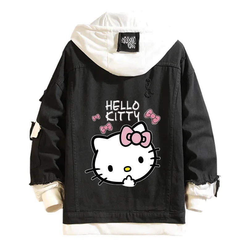 Anime Sanrio Denim Bomber Veste Hello Kitty Jeans à capuche Sweat-shirt Unisexe Trou déchiré Cosplay Sweat à capuche Veste en jean à manches longues
