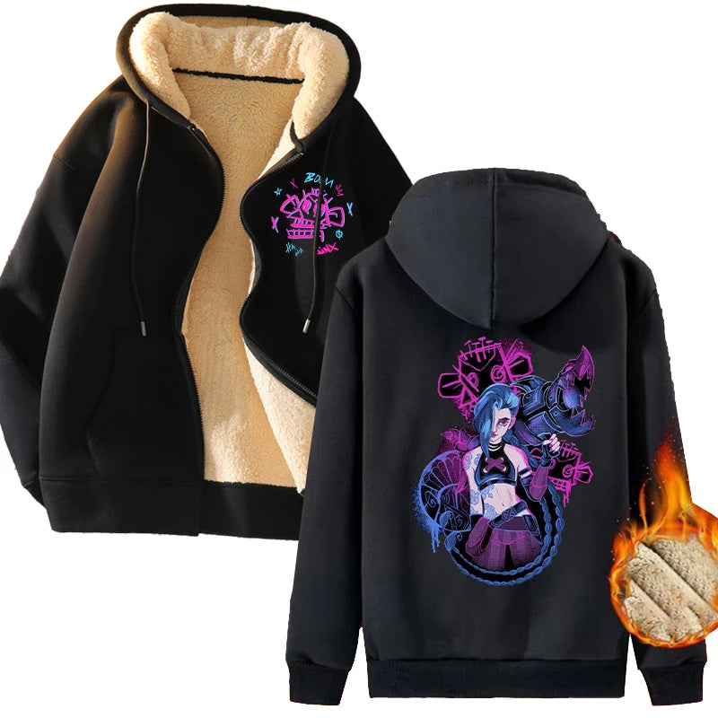 New Arcane Jinx Zip Up Hoodie Men Anime Hoodies Thickened Warm Hooded Sweatshirts Casual Sports Coat 2024 Winter Women Clothes