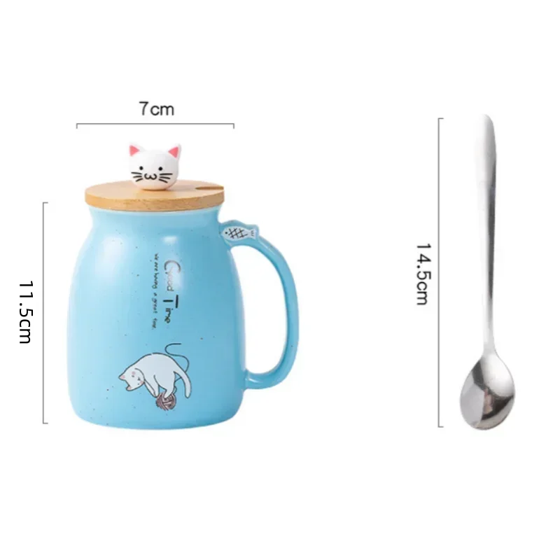 Tasse à couvercle en bois de Style japonais avec cuillère, tasse en céramique de lait de chat de dessin animé mignon, tasse de jus de yaourt glacé, tasse résistante à la chaleur, tasse cadeaux