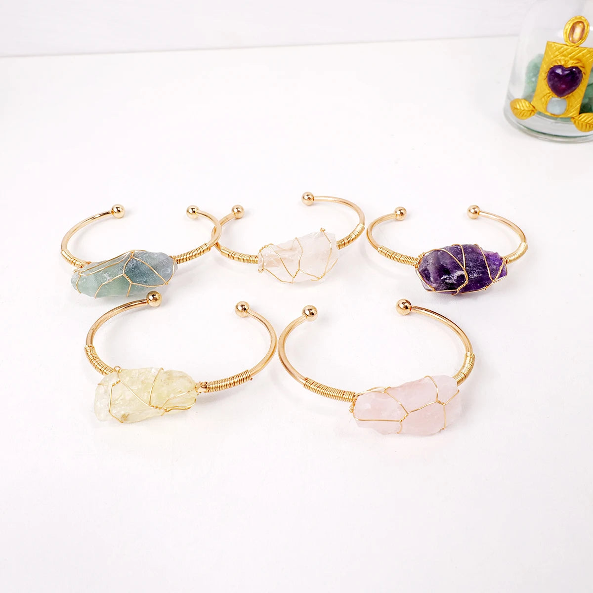 Bracelet en cristal naturel avec pierres précieuses brutes, 1 pièce, fil de cuivre tissé à la main, ouvert, breloque assortie à la mode, bijoux fins