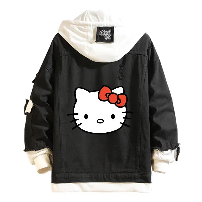 Anime Sanrio Denim Bomber Veste Hello Kitty Jeans à capuche Sweat-shirt Unisexe Trou déchiré Cosplay Sweat à capuche Veste en jean à manches longues