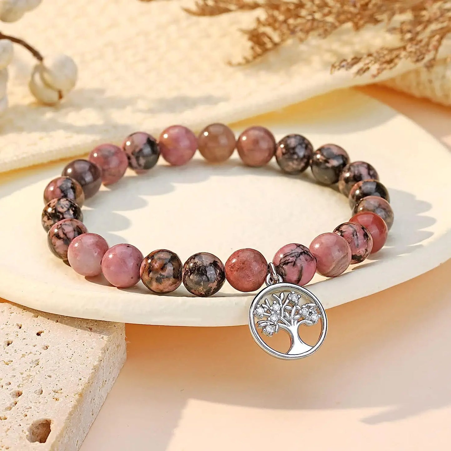 Bracelet en Agate violette, carte d'arbre de vie, Bracelet en pierre naturelle perlée de Rhodochrosite, cadeaux d'anniversaire et de noël pour Nana/grand-mère/maman