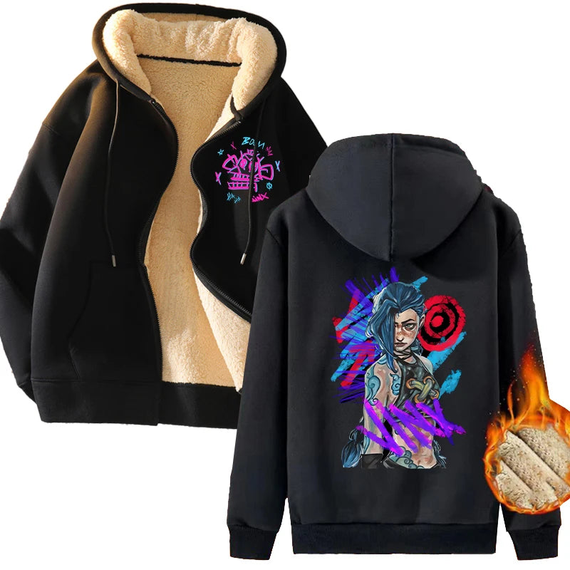 New Arcane Jinx Zip Up Hoodie Men Anime Hoodies Thickened Warm Hooded Sweatshirts Casual Sports Coat 2024 Winter Women Clothes