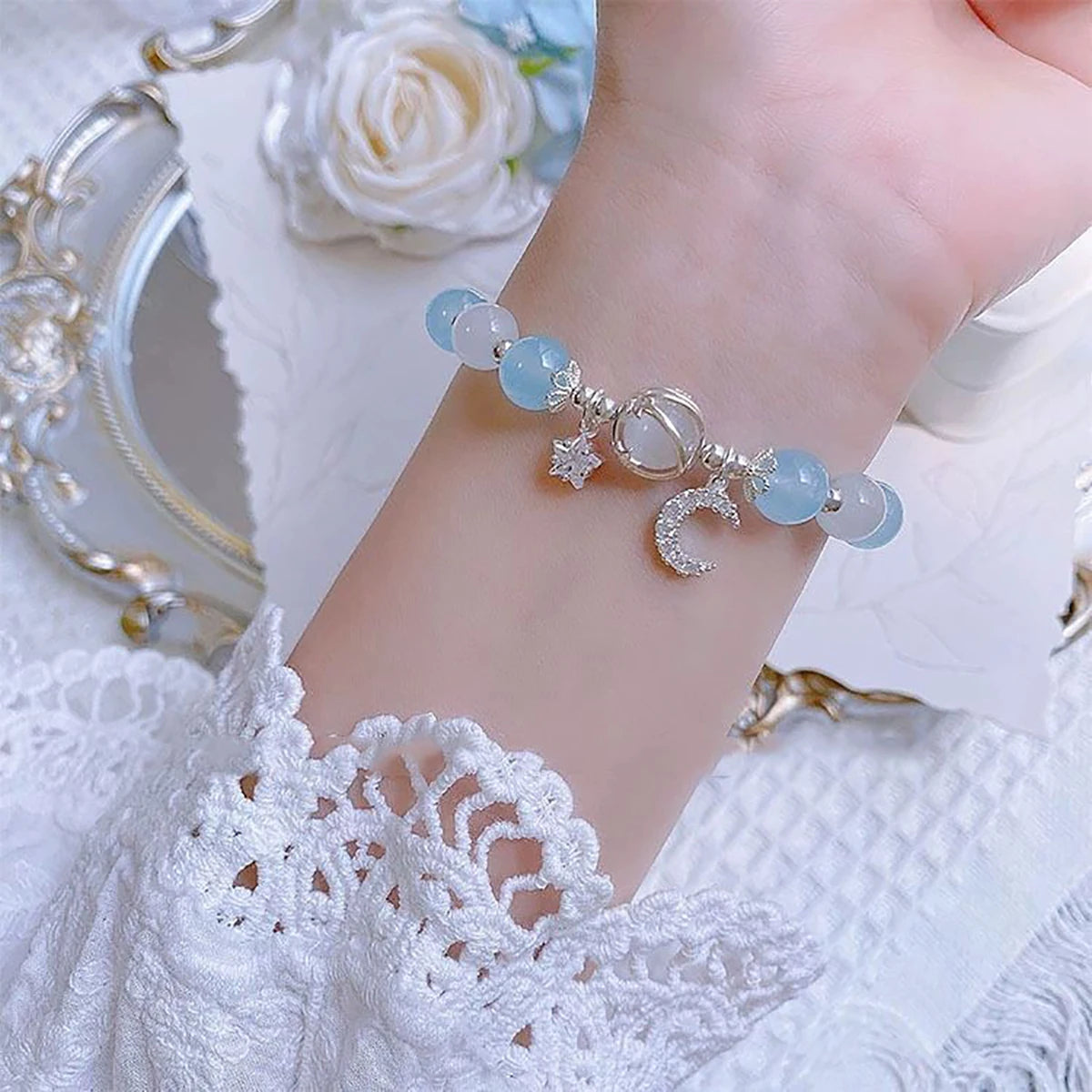 Bracelet en pierre opale de couleur bleu violet pour femmes et filles, Bracelets en cristal brillant, pendentif étoile de lune, bijoux