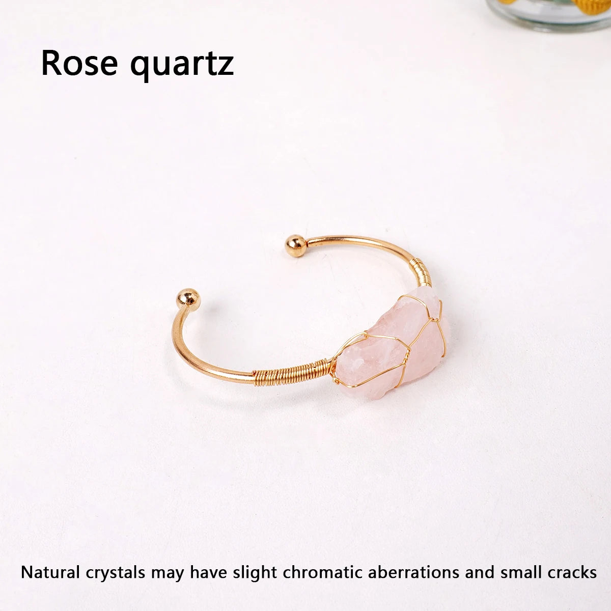 Bracelet en cristal naturel avec pierres précieuses brutes, 1 pièce, fil de cuivre tissé à la main, ouvert, breloque assortie à la mode, bijoux fins