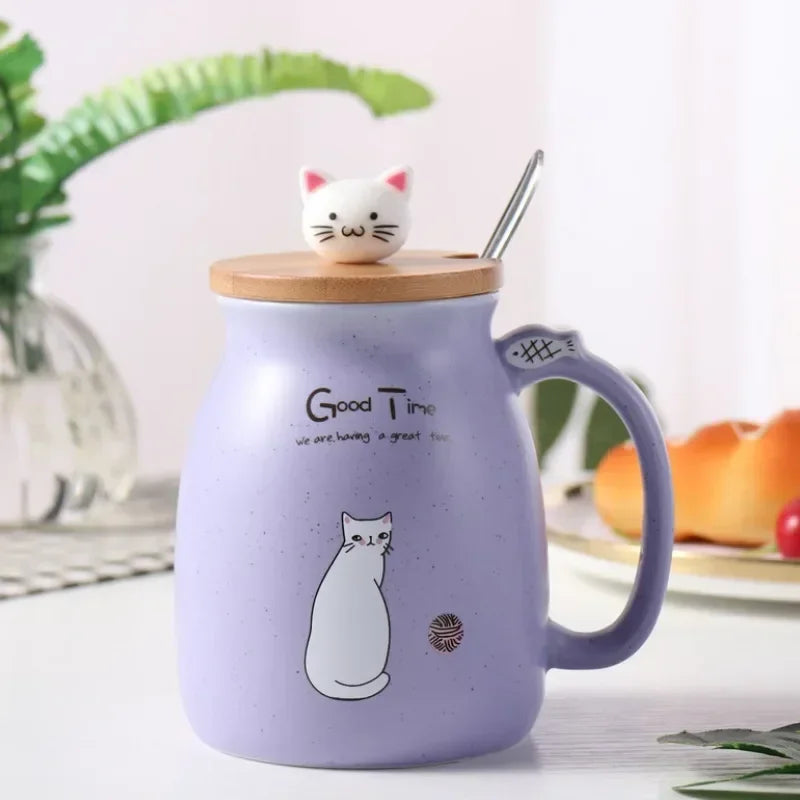 Tasse à couvercle en bois de Style japonais avec cuillère, tasse en céramique de lait de chat de dessin animé mignon, tasse de jus de yaourt glacé, tasse résistante à la chaleur, tasse cadeaux