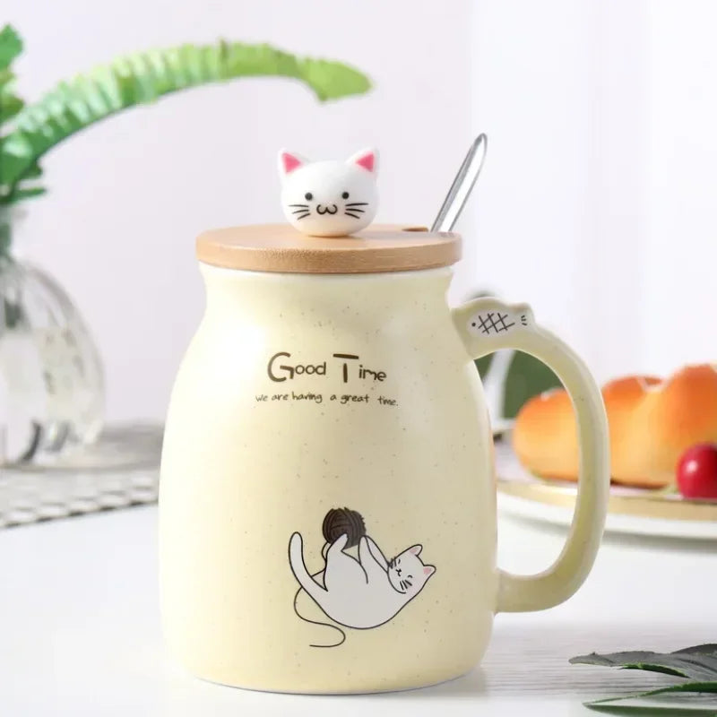 Tasse à couvercle en bois de Style japonais avec cuillère, tasse en céramique de lait de chat de dessin animé mignon, tasse de jus de yaourt glacé, tasse résistante à la chaleur, tasse cadeaux
