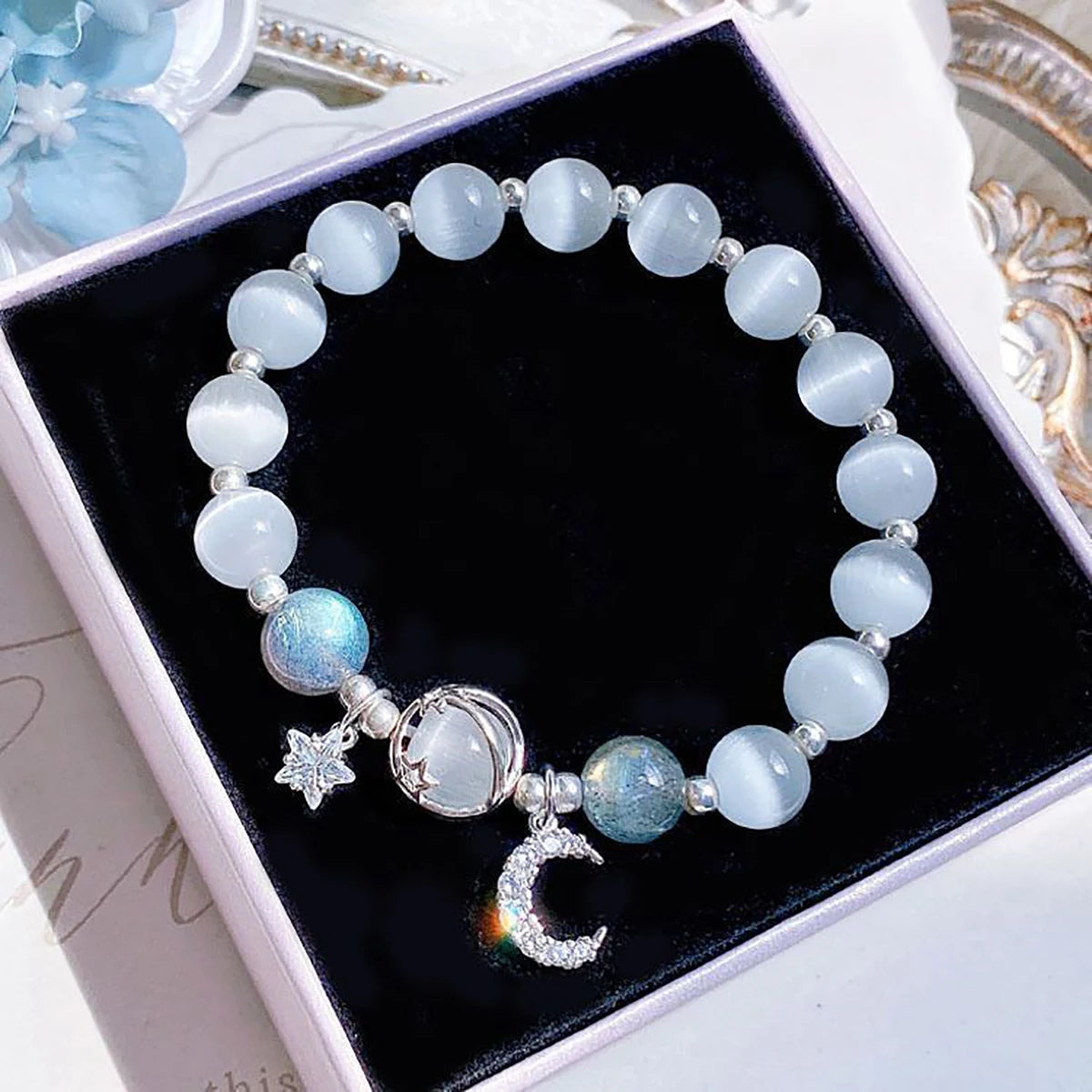Bracelet en pierre opale de couleur bleu violet pour femmes et filles, Bracelets en cristal brillant, pendentif étoile de lune, bijoux