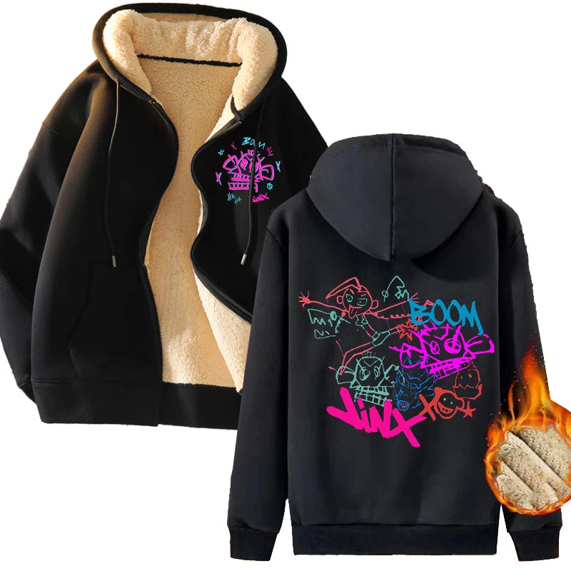 New Arcane Jinx Zip Up Hoodie Men Anime Hoodies Thickened Warm Hooded Sweatshirts Casual Sports Coat 2024 Winter Women Clothes