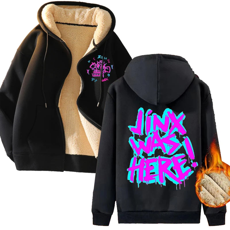 New Arcane Jinx Zip Up Hoodie Men Anime Hoodies Thickened Warm Hooded Sweatshirts Casual Sports Coat 2024 Winter Women Clothes