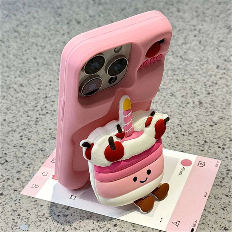 Coque de téléphone pliable en silicone souple pour iPhone, coque arrière mignonne, support 3D Cake, 16, 15, 13, 14, 12 Pro Max
