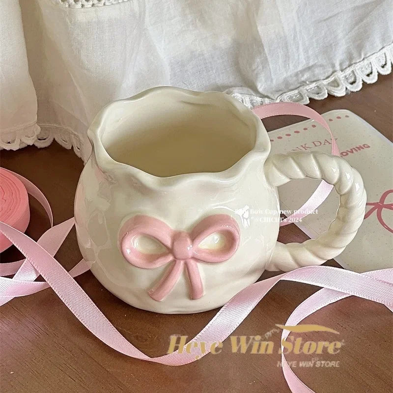 Tasse à café en céramique avec nœud rose irrégulier, tasse en Relief faite à la main, tasse à café pour la maison, tasse à lait pour petit déjeuner, cadeau d'anniversaire, nouveau