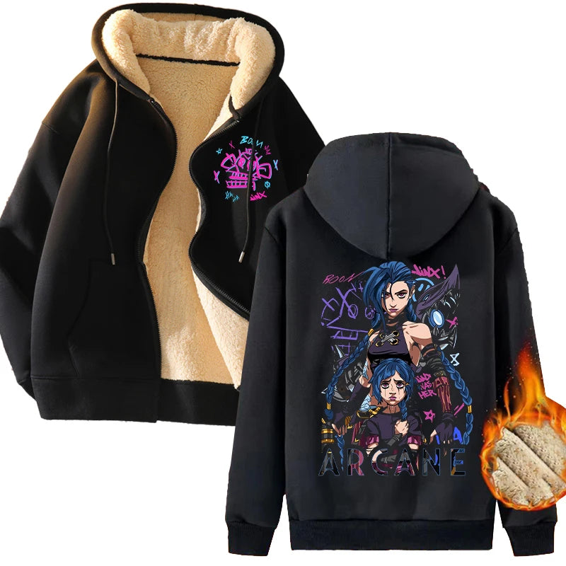 New Arcane Jinx Zip Up Hoodie Men Anime Hoodies Thickened Warm Hooded Sweatshirts Casual Sports Coat 2024 Winter Women Clothes