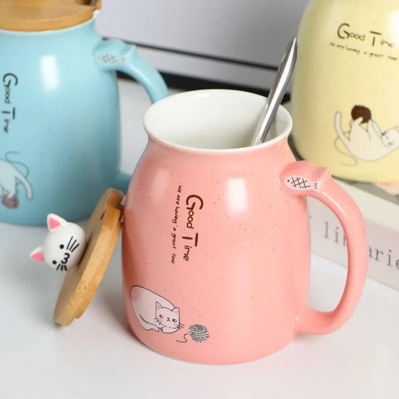 Tasse à couvercle en bois de Style japonais avec cuillère, tasse en céramique de lait de chat de dessin animé mignon, tasse de jus de yaourt glacé, tasse résistante à la chaleur, tasse cadeaux