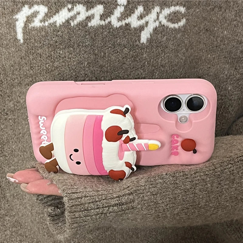 Coque de téléphone pliable en silicone souple pour iPhone, coque arrière mignonne, support 3D Cake, 16, 15, 13, 14, 12 Pro Max