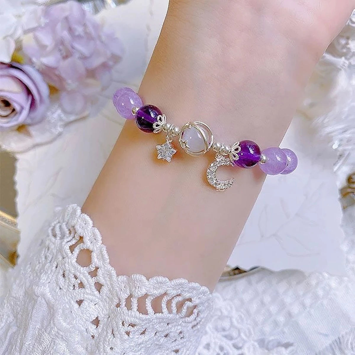 Bracelet en pierre opale de couleur bleu violet pour femmes et filles, Bracelets en cristal brillant, pendentif étoile de lune, bijoux