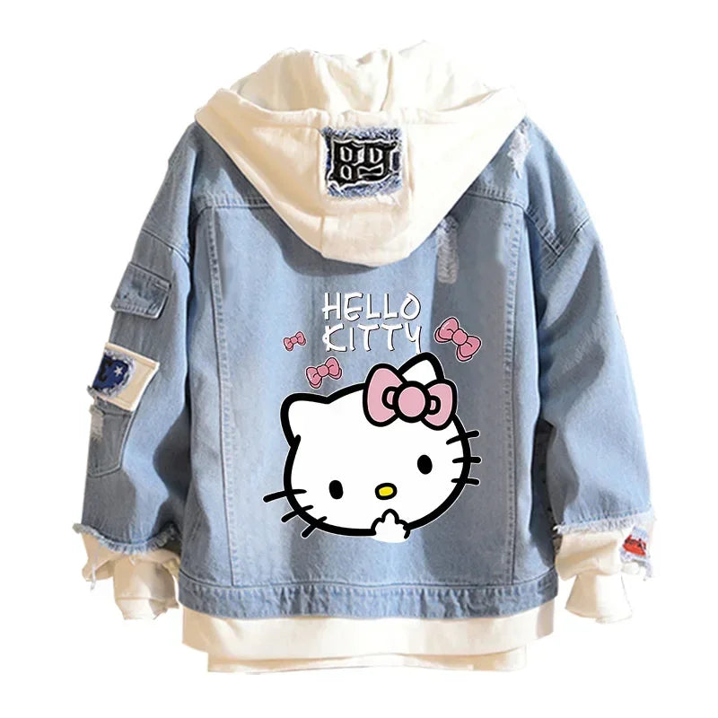 Anime Sanrio Denim Bomber Veste Hello Kitty Jeans à capuche Sweat-shirt Unisexe Trou déchiré Cosplay Sweat à capuche Veste en jean à manches longues