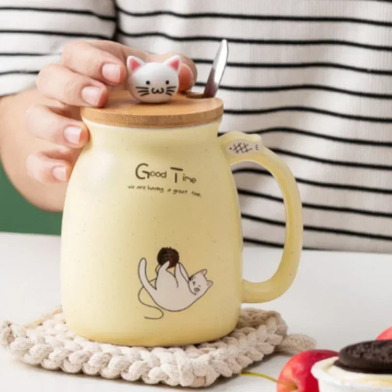 Tasse à couvercle en bois de Style japonais avec cuillère, tasse en céramique de lait de chat de dessin animé mignon, tasse de jus de yaourt glacé, tasse résistante à la chaleur, tasse cadeaux
