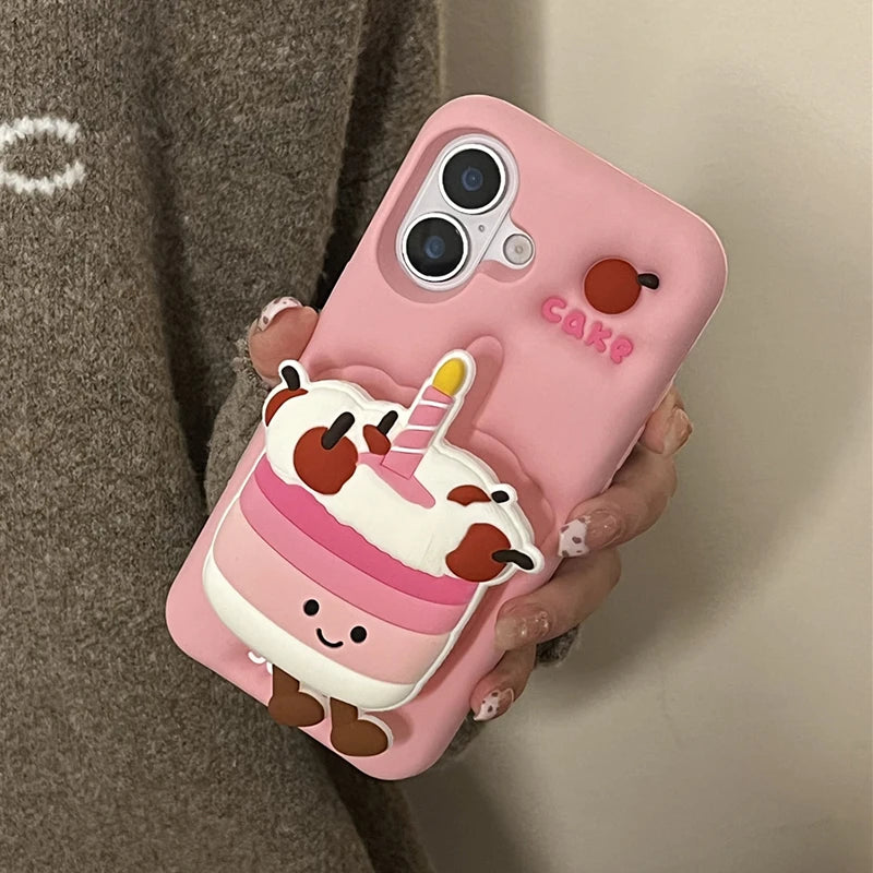 Coque de téléphone pliable en silicone souple pour iPhone, coque arrière mignonne, support 3D Cake, 16, 15, 13, 14, 12 Pro Max