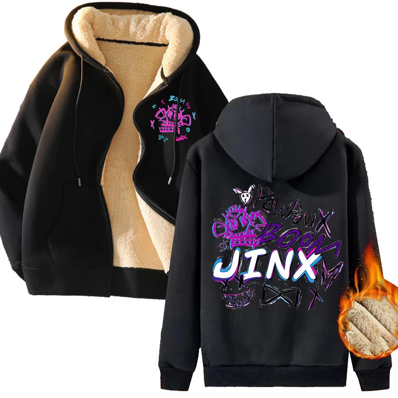 New Arcane Jinx Zip Up Hoodie Men Anime Hoodies Thickened Warm Hooded Sweatshirts Casual Sports Coat 2024 Winter Women Clothes