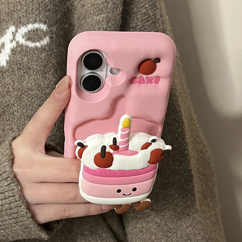 Coque de téléphone pliable en silicone souple pour iPhone, coque arrière mignonne, support 3D Cake, 16, 15, 13, 14, 12 Pro Max