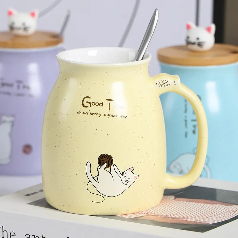 Tasse à couvercle en bois de Style japonais avec cuillère, tasse en céramique de lait de chat de dessin animé mignon, tasse de jus de yaourt glacé, tasse résistante à la chaleur, tasse cadeaux