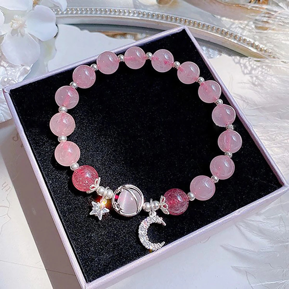 Bracelet en pierre opale de couleur bleu violet pour femmes et filles, Bracelets en cristal brillant, pendentif étoile de lune, bijoux