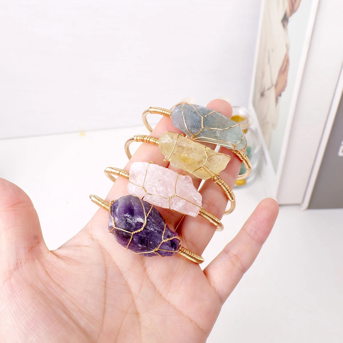 Bracelet en cristal naturel avec pierres précieuses brutes, 1 pièce, fil de cuivre tissé à la main, ouvert, breloque assortie à la mode, bijoux fins