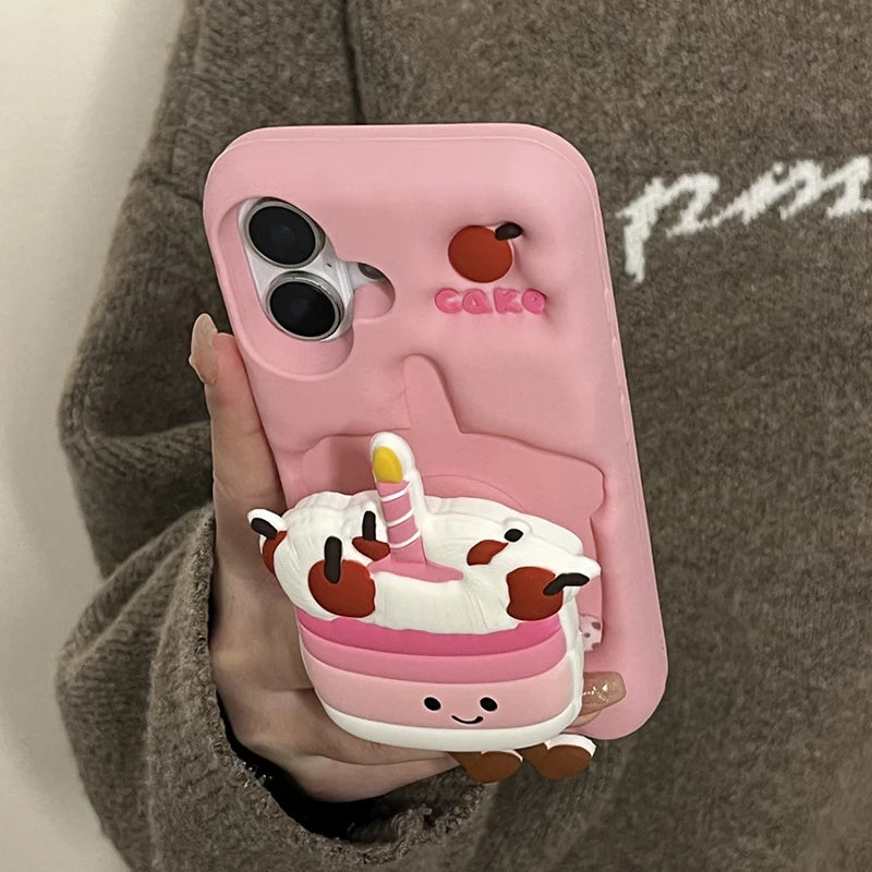Coque de téléphone pliable en silicone souple pour iPhone, coque arrière mignonne, support 3D Cake, 16, 15, 13, 14, 12 Pro Max