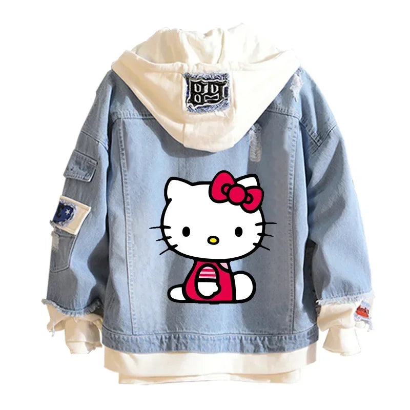 Anime Sanrio Denim Bomber Veste Hello Kitty Jeans à capuche Sweat-shirt Unisexe Trou déchiré Cosplay Sweat à capuche Veste en jean à manches longues