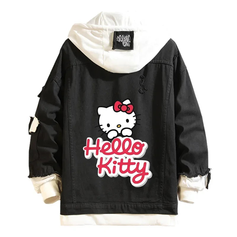 Anime Sanrio Denim Bomber Veste Hello Kitty Jeans à capuche Sweat-shirt Unisexe Trou déchiré Cosplay Sweat à capuche Veste en jean à manches longues