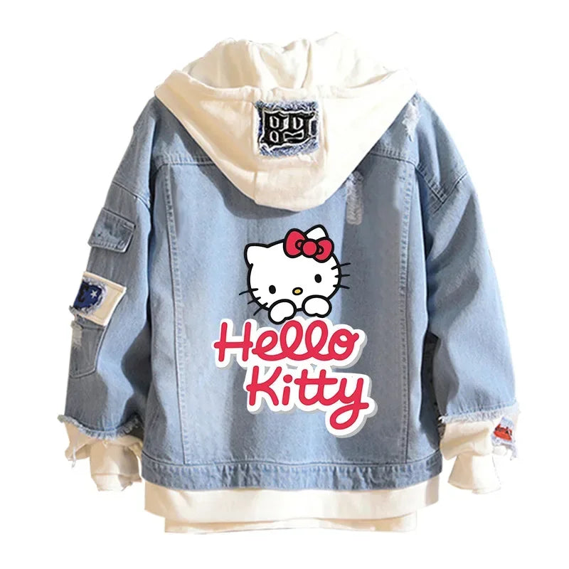 Anime Sanrio Denim Bomber Veste Hello Kitty Jeans à capuche Sweat-shirt Unisexe Trou déchiré Cosplay Sweat à capuche Veste en jean à manches longues