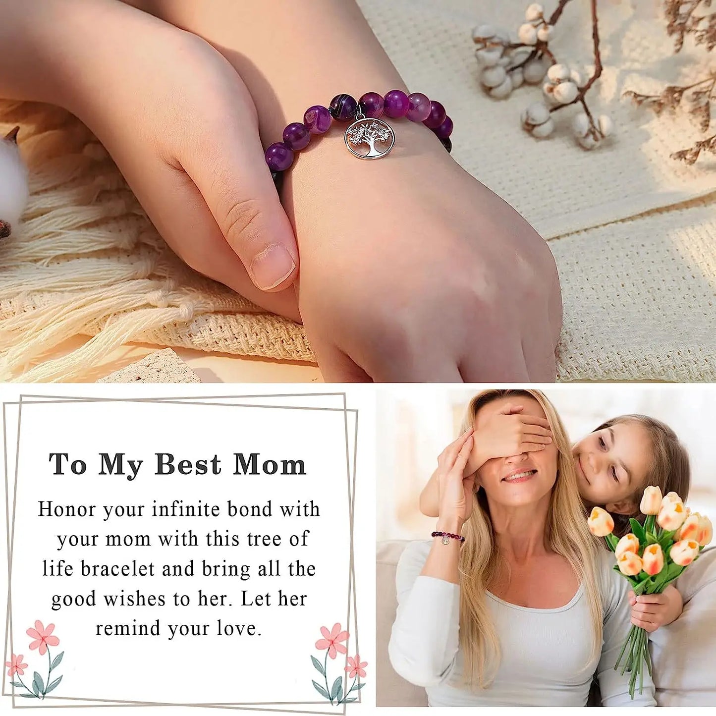 Bracelet en Agate violette, carte d'arbre de vie, Bracelet en pierre naturelle perlée de Rhodochrosite, cadeaux d'anniversaire et de noël pour Nana/grand-mère/maman