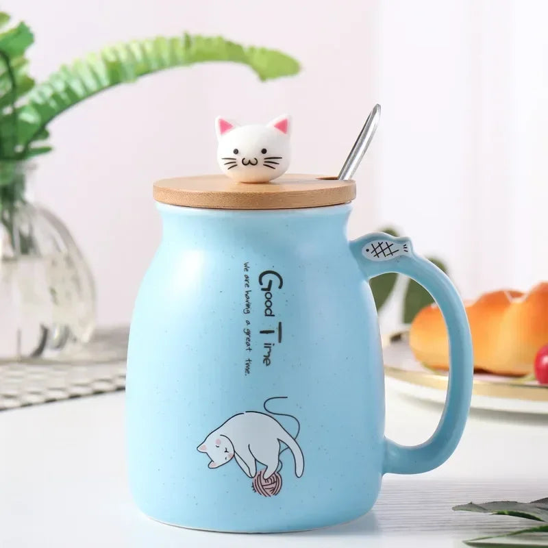 Tasse à couvercle en bois de Style japonais avec cuillère, tasse en céramique de lait de chat de dessin animé mignon, tasse de jus de yaourt glacé, tasse résistante à la chaleur, tasse cadeaux