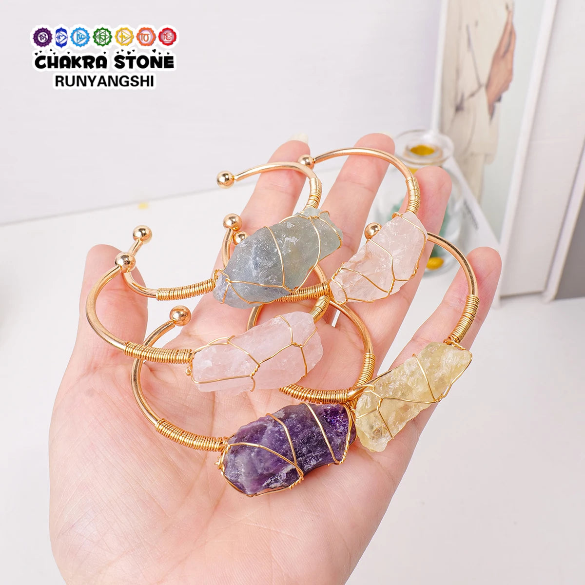Bracelet en cristal naturel avec pierres précieuses brutes, 1 pièce, fil de cuivre tissé à la main, ouvert, breloque assortie à la mode, bijoux fins