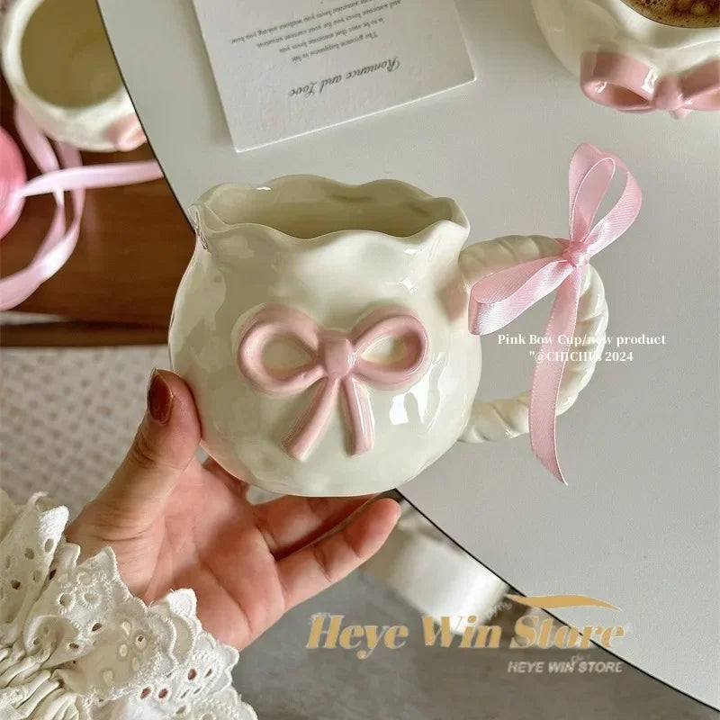 Tasse à café en céramique avec nœud rose irrégulier, tasse en Relief faite à la main, tasse à café pour la maison, tasse à lait pour petit déjeuner, cadeau d'anniversaire, nouveau