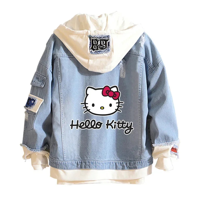 Anime Sanrio Denim Bomber Veste Hello Kitty Jeans à capuche Sweat-shirt Unisexe Trou déchiré Cosplay Sweat à capuche Veste en jean à manches longues