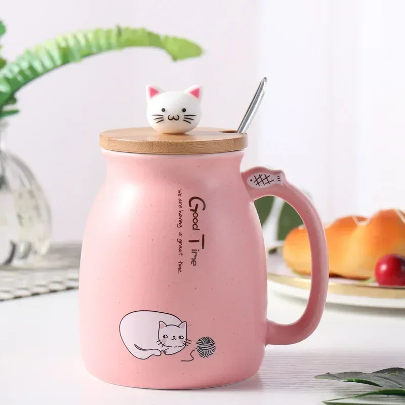 Tasse à couvercle en bois de Style japonais avec cuillère, tasse en céramique de lait de chat de dessin animé mignon, tasse de jus de yaourt glacé, tasse résistante à la chaleur, tasse cadeaux