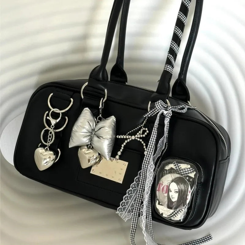 JIAERDI Harajuku Black Ita Bag Handbag Women Japanese Uniform Transparent Shoulder Bags Female Preppy Style Kawaii Underarm Bag