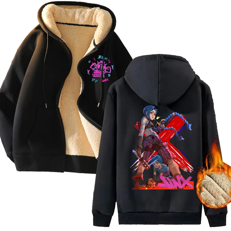New Arcane Jinx Zip Up Hoodie Men Anime Hoodies Thickened Warm Hooded Sweatshirts Casual Sports Coat 2024 Winter Women Clothes