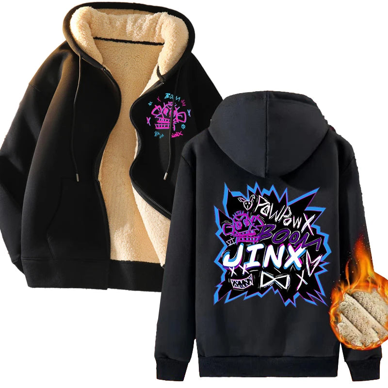 New Arcane Jinx Zip Up Hoodie Men Anime Hoodies Thickened Warm Hooded Sweatshirts Casual Sports Coat 2024 Winter Women Clothes