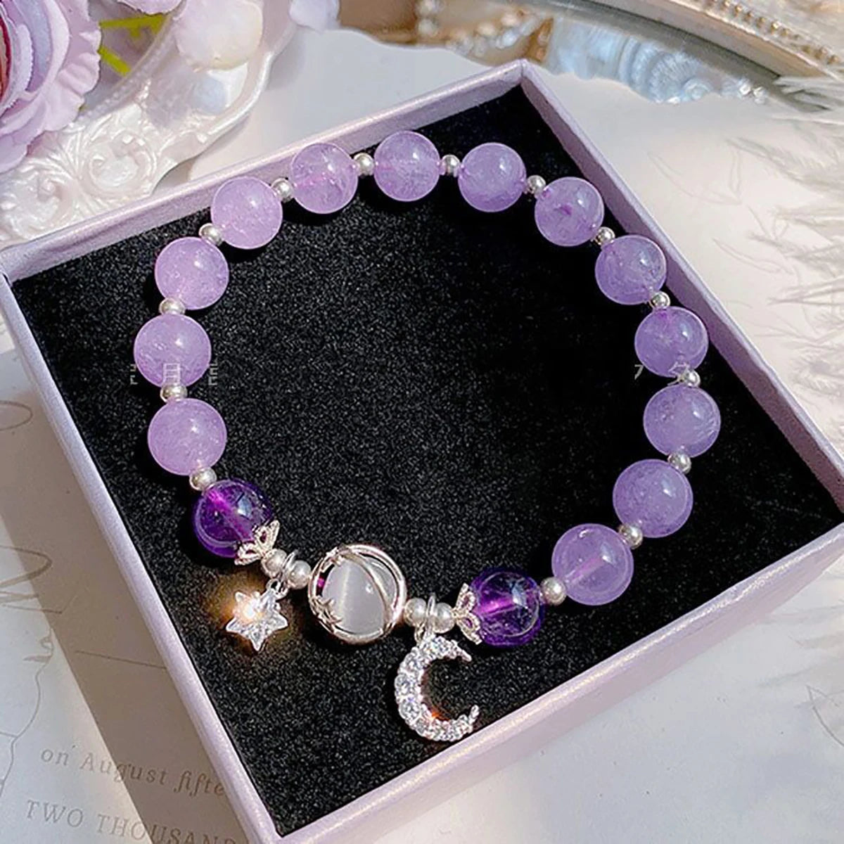 Bracelet en pierre opale de couleur bleu violet pour femmes et filles, Bracelets en cristal brillant, pendentif étoile de lune, bijoux