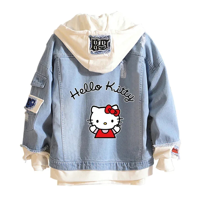 Anime Sanrio Denim Bomber Veste Hello Kitty Jeans à capuche Sweat-shirt Unisexe Trou déchiré Cosplay Sweat à capuche Veste en jean à manches longues