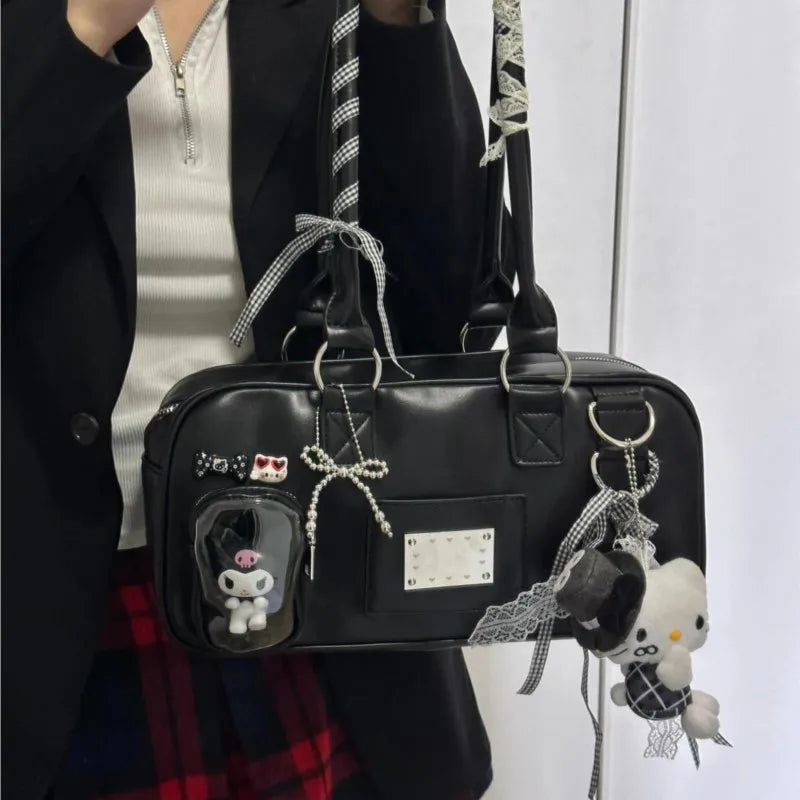 JIAERDI Harajuku Black Ita Bag Handbag Women Japanese Uniform Transparent Shoulder Bags Female Preppy Style Kawaii Underarm Bag