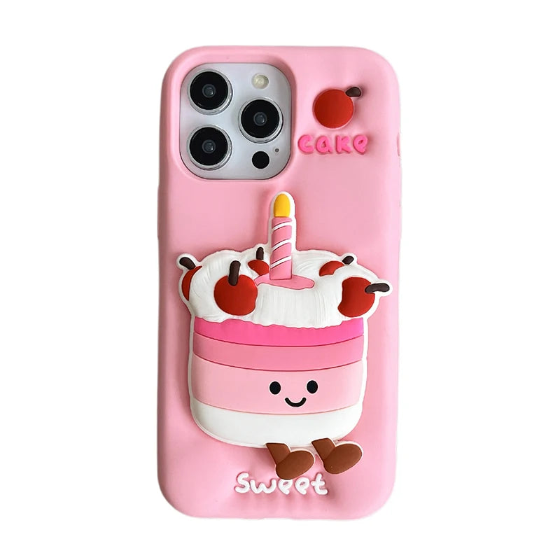 Coque de téléphone pliable en silicone souple pour iPhone, coque arrière mignonne, support 3D Cake, 16, 15, 13, 14, 12 Pro Max